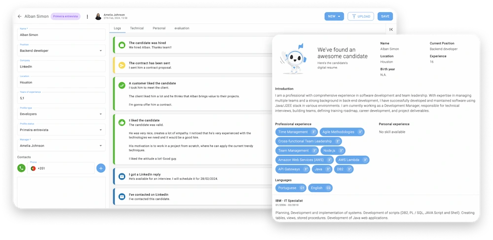 Mostra de um conjunto de funcionalidades de recrutamento do Fullsight